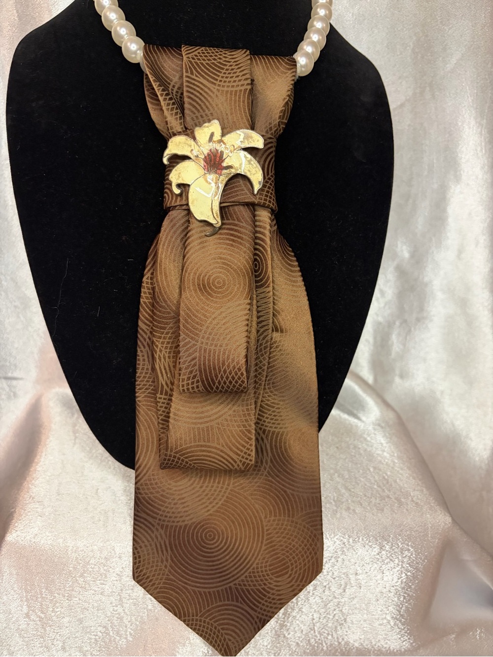 Elegant Brown Silk-Look Scarf Tie with Floral Accent